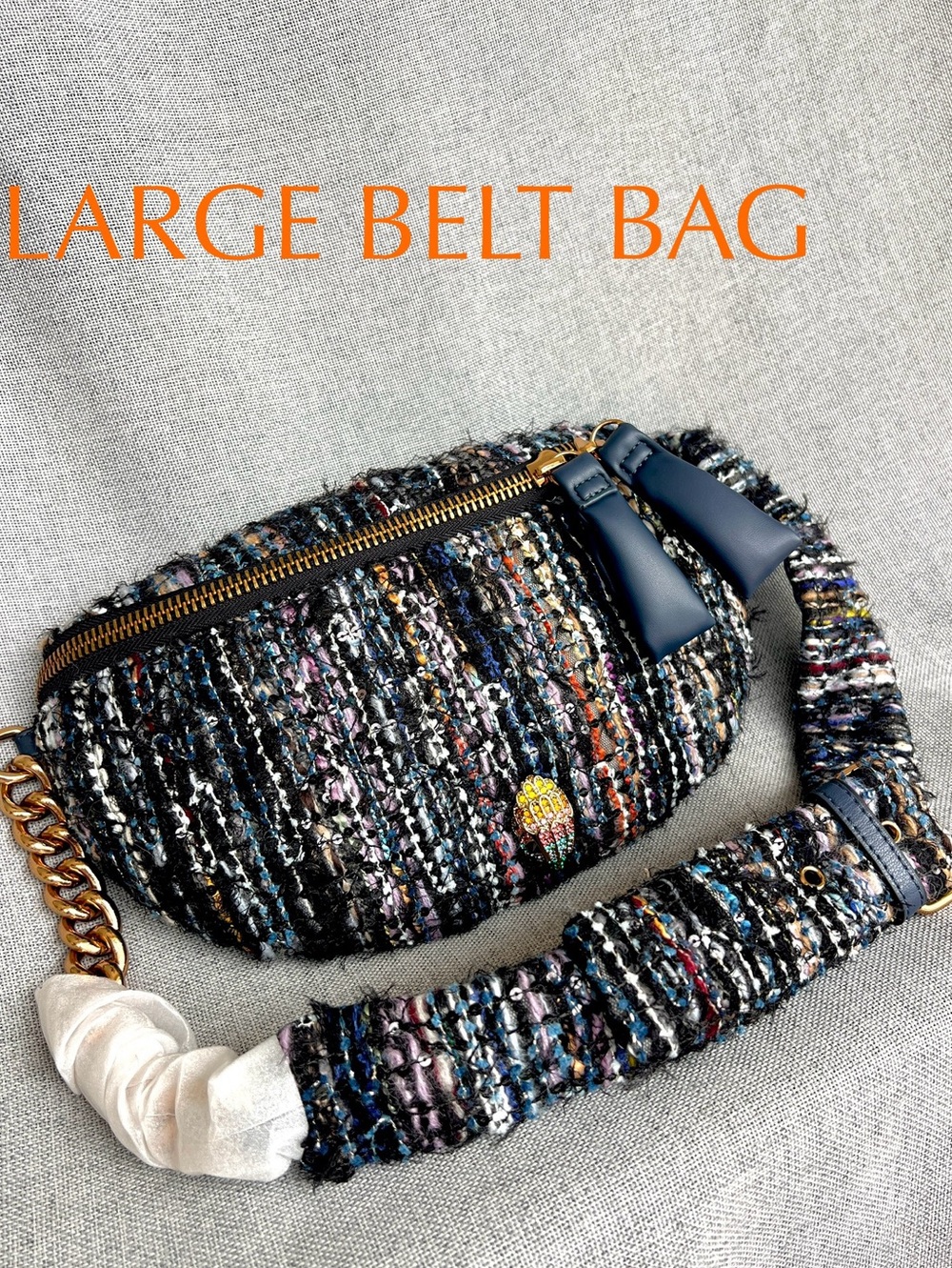 Kurt Geiger LARGE Sequined Lurex Tweed Vegan Leather PU combo Belt Bag Navy